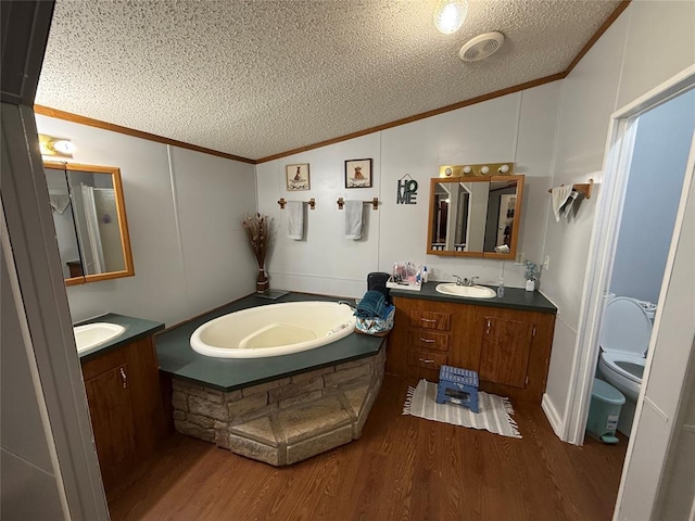 bathroom with a sink, a textured ceiling, wood finished floors, and ornamental molding