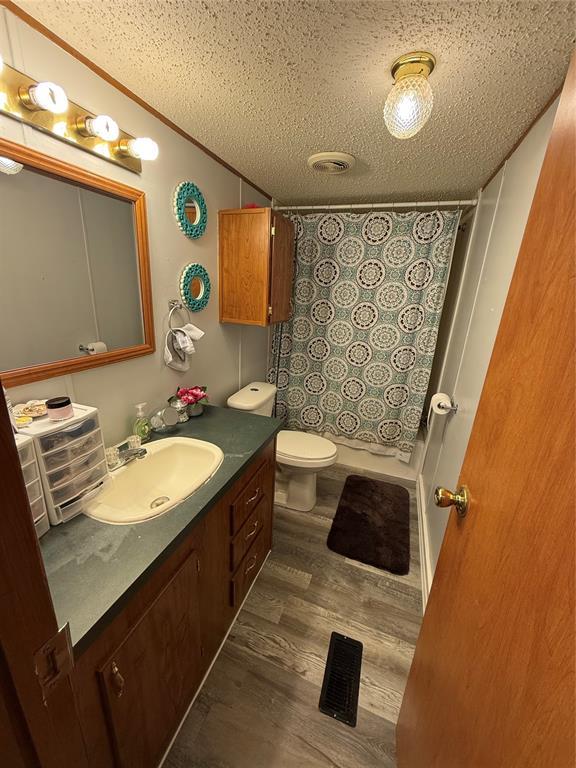 bathroom with vanity, a textured ceiling, wood finished floors, and toilet