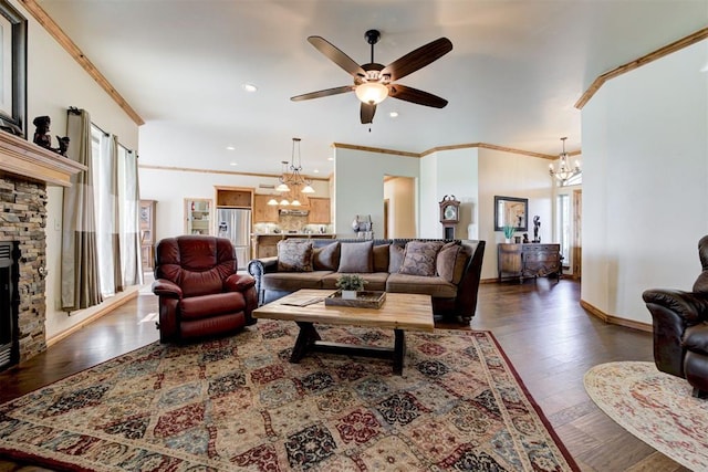 10608 Oaksplinter Ln, Oklahoma City, OK 73173 - living room with recessed lighting, ceiling fan with notable chandelier, a wealth of natural light, and a fireplace