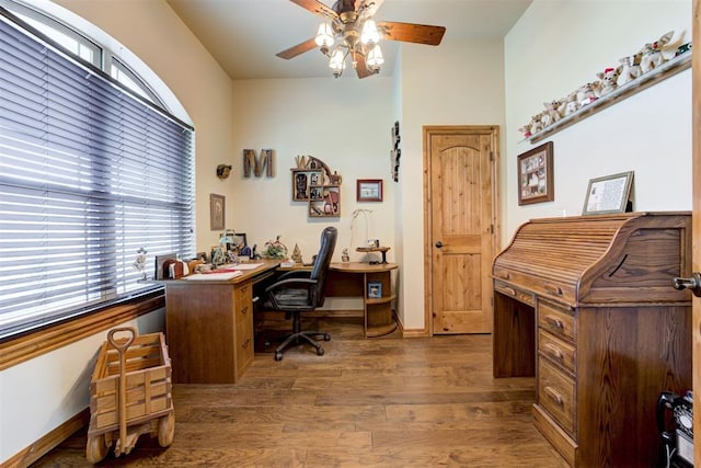 10608 Oaksplinter Ln, Oklahoma City, OK 73173 - office featuring plenty of natural light, baseboards, ceiling fan, and wood finished floors