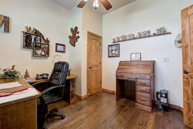 10608 Oaksplinter Ln, Oklahoma City, OK 73173 - office featuring ceiling fan, dark wood finished floors, and baseboards