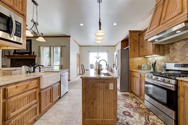 10608 Oaksplinter Ln, Oklahoma City, OK 73173 - kitchen with ventilation hood, backsplash, appliances with stainless steel finishes, and a sink