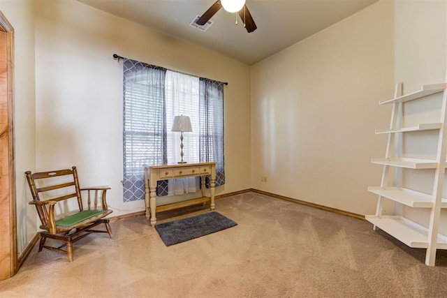 10608 Oaksplinter Ln, Oklahoma City, OK 73173 - sitting room featuring baseboards, a ceiling fan, carpet, and visible vents