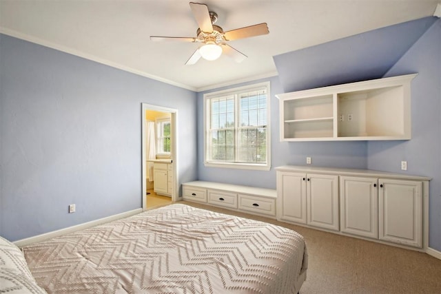 bedroom featuring crown molding, baseboards, ceiling fan, and light carpet