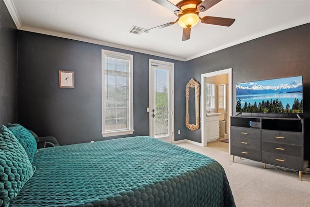 bedroom with visible vents, crown molding, ceiling fan, access to outside, and light colored carpet