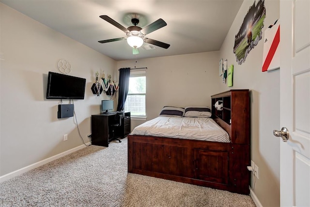 bedroom with carpet floors, a ceiling fan, baseboards, and visible vents