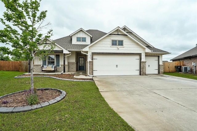 1806 Logans Way, Norman, OK 73072 - craftsman-style home featuring concrete driveway, brick siding, a shingled roof, central air condition unit, and a garage