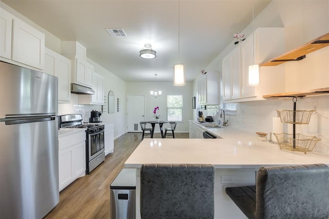 kitchen featuring visible vents, under cabinet range hood, a sink, light wood finished floors, and stainless steel appliances