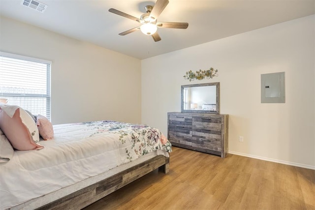 bedroom featuring light wood finished floors, a ceiling fan, baseboards, visible vents, and electric panel
