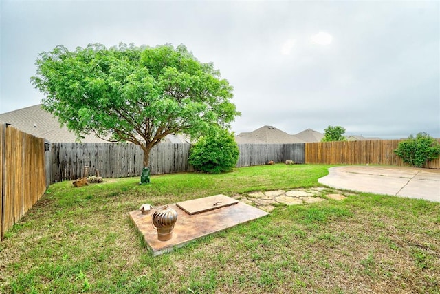 view of yard featuring a patio and a fenced backyard