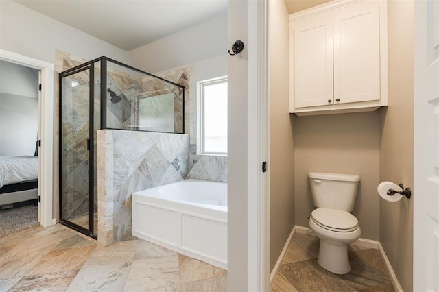 full bath featuring a shower stall, a garden tub, connected bathroom, and toilet