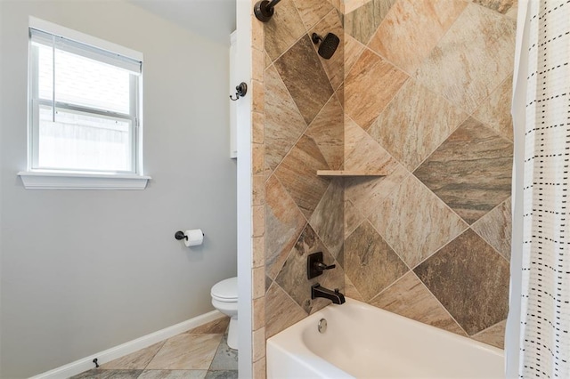 full bathroom featuring baseboards, toilet, and shower / bathtub combination