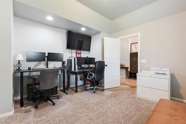 carpeted office space with recessed lighting and baseboards