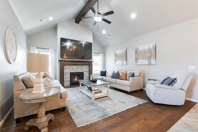 living room featuring beamed ceiling, a ceiling fan, high vaulted ceiling, baseboards, and a fireplace