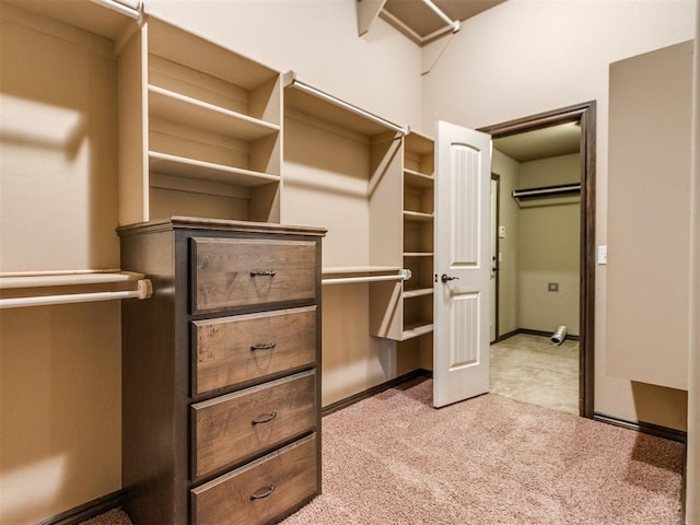 spacious closet featuring light colored carpet