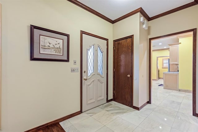 entryway with baseboards, ornamental molding, and marble finish floor