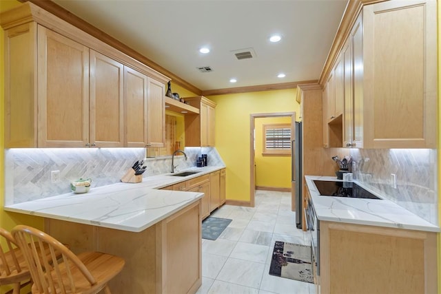 kitchen with a sink, decorative backsplash, freestanding refrigerator, and a peninsula
