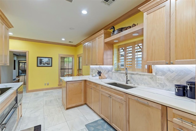 kitchen featuring crown molding, baseboards, a sink, and light brown cabinets