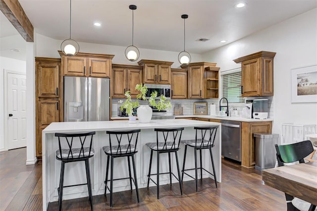 kitchen with light countertops, open shelves, stainless steel appliances, and brown cabinets