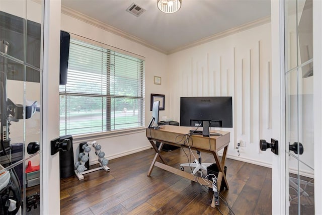 office area featuring crown molding, visible vents, baseboards, dark wood-style floors, and french doors