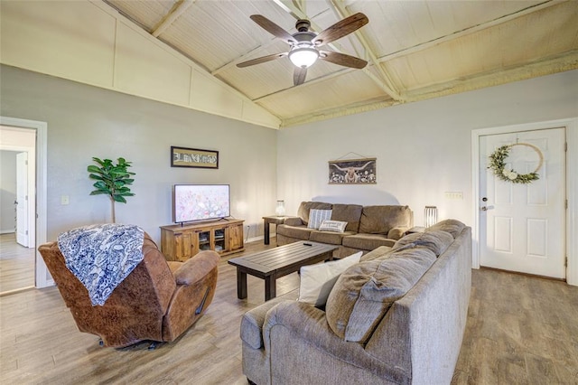 living room featuring a ceiling fan, wooden ceiling, baseboards, lofted ceiling with beams, and light wood-style floors
