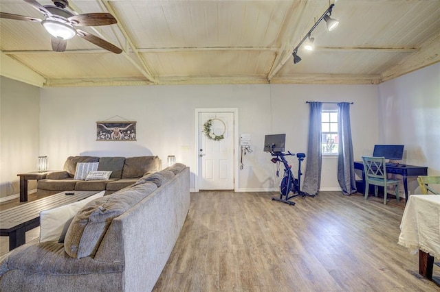 living area featuring wooden ceiling, baseboards, rail lighting, and wood finished floors