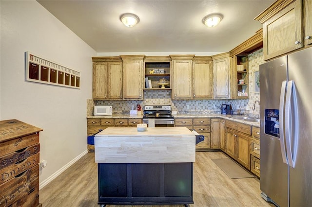 kitchen featuring open shelves, a sink, backsplash, and stainless steel appliances