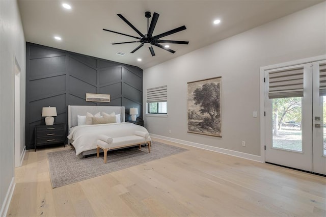 bedroom featuring recessed lighting, baseboards, and light wood finished floors