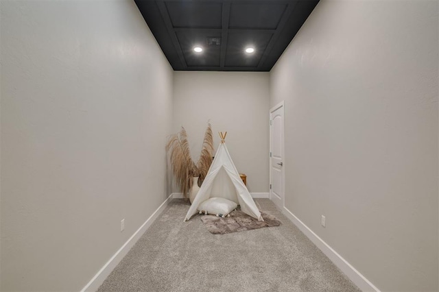 game room with carpet floors, baseboards, coffered ceiling, and recessed lighting
