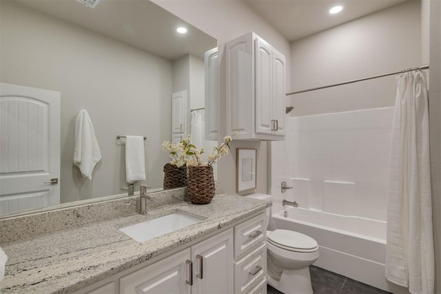 bathroom featuring tile patterned flooring, shower / bath combo, vanity, toilet, and recessed lighting