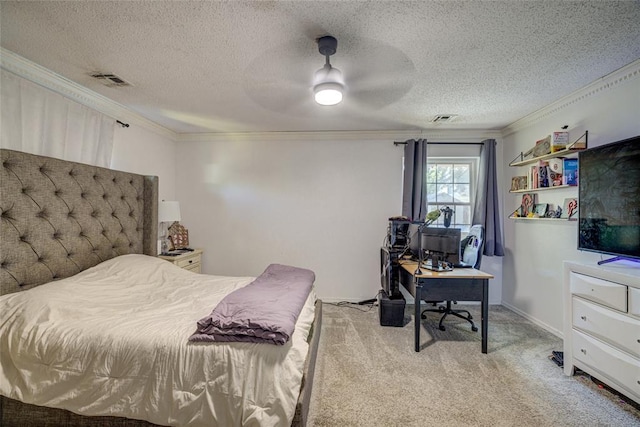 bedroom with carpet floors, visible vents, and ornamental molding