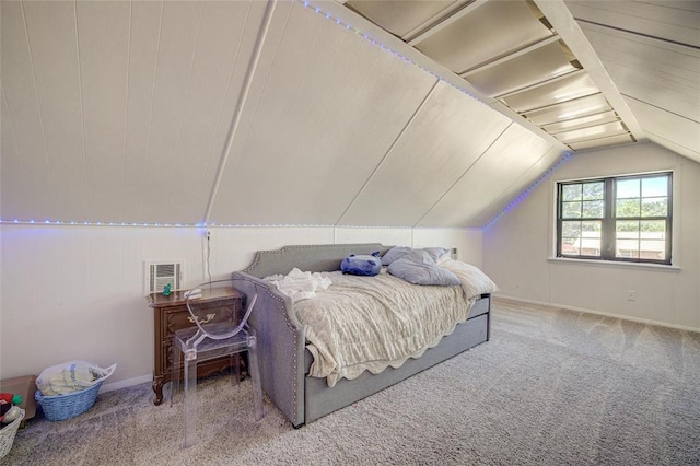 bedroom featuring carpet flooring, visible vents, and lofted ceiling