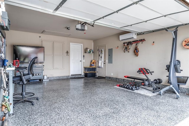 garage featuring a garage door opener, a wall unit AC, and electric panel