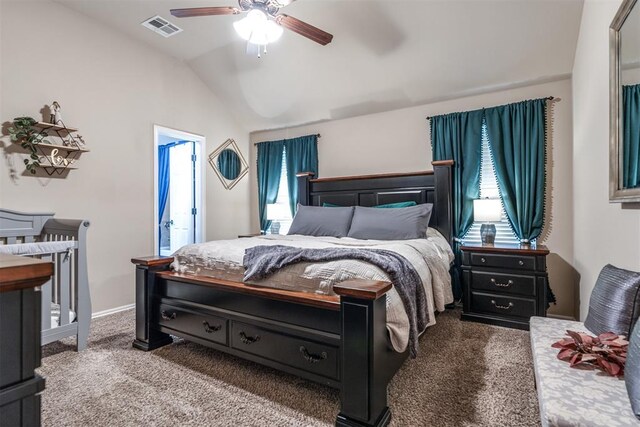bedroom with carpet flooring, ceiling fan, baseboards, vaulted ceiling, and visible vents