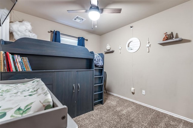 bedroom with carpet floors, baseboards, ceiling fan, and visible vents