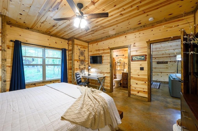 678 N State Highway 259a, Broken Bow, OK 74728 - bedroom with concrete flooring, wood walls, wood ceiling, and ensuite bathroom