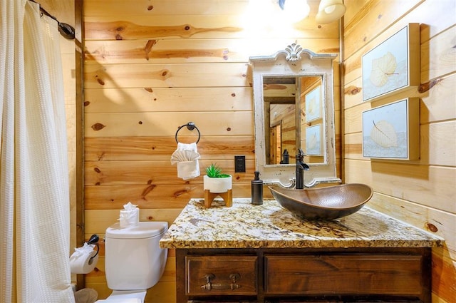 678 N State Highway 259a, Broken Bow, OK 74728 - full bath with wooden walls, toilet, a shower with curtain, and vanity