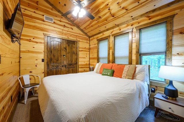 678 N State Highway 259a, Broken Bow, OK 74728 - bedroom with wooden walls, wooden ceiling, visible vents, and lofted ceiling