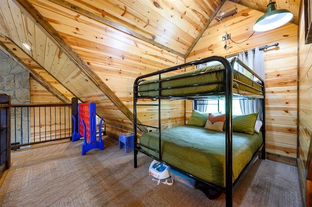 678 N State Highway 259a, Broken Bow, OK 74728 - carpeted bedroom with wood walls, lofted ceiling, and wooden ceiling