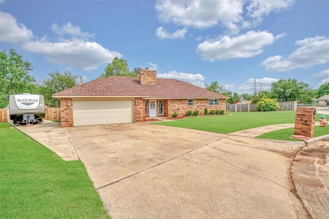 single story home with fence, a front lawn, brick siding, a chimney, and concrete driveway