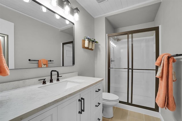 full bath with vanity, ornamental molding, toilet, and a shower stall
