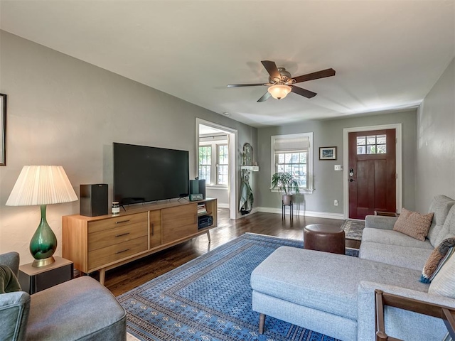 living room with ceiling fan, a wealth of natural light, and wood finished floors