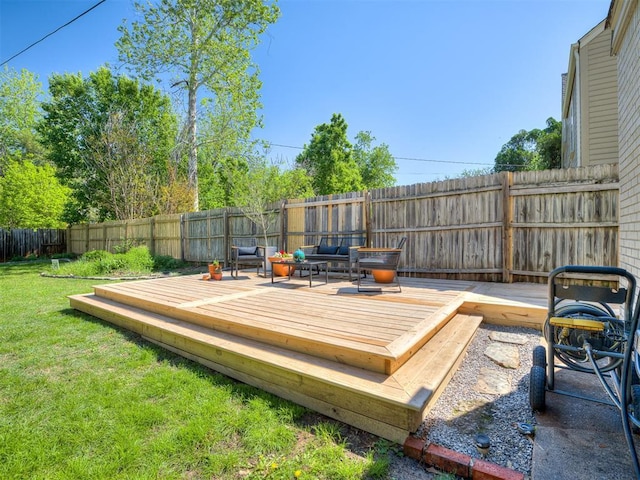 wooden deck with a lawn and a fenced backyard