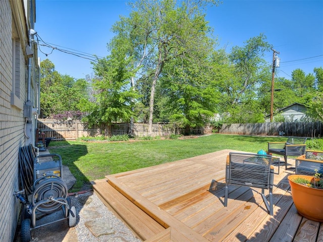 wooden terrace with a fenced backyard and a yard