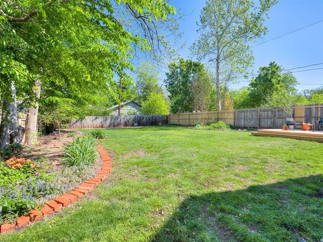 view of yard featuring a deck and a fenced backyard