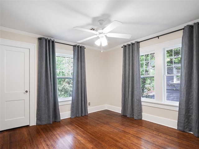 unfurnished room featuring crown molding, ceiling fan, and a wealth of natural light