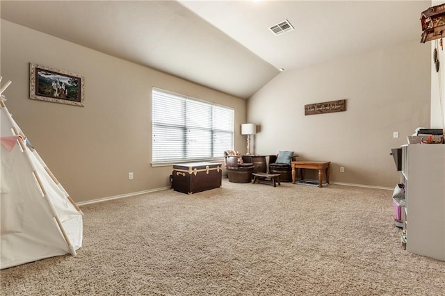rec room with carpet floors, baseboards, vaulted ceiling, and visible vents