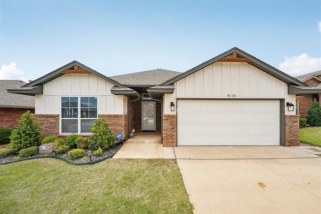 9104 SW 47th St, Oklahoma City, OK 73179 - ranch-style house featuring a front yard, brick siding, board and batten siding, concrete driveway, and an attached garage