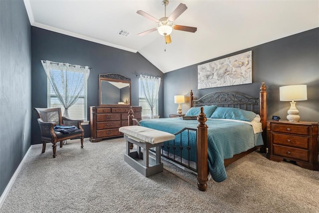 9104 SW 47th St, Oklahoma City, OK 73179 - carpeted bedroom featuring visible vents, crown molding, lofted ceiling, baseboards, and a ceiling fan