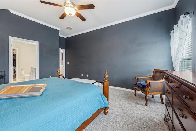 9104 SW 47th St, Oklahoma City, OK 73179 - carpeted bedroom with ceiling fan, ensuite bathroom, visible vents, baseboards, and ornamental molding